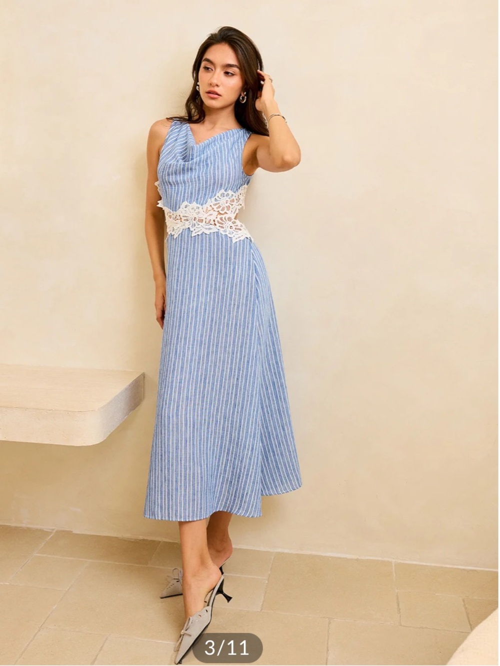 COMMENSE MEDIUM side panel cut out Blue & White Striped Lace-Inset Women’s Dress - Picture 12 of 14